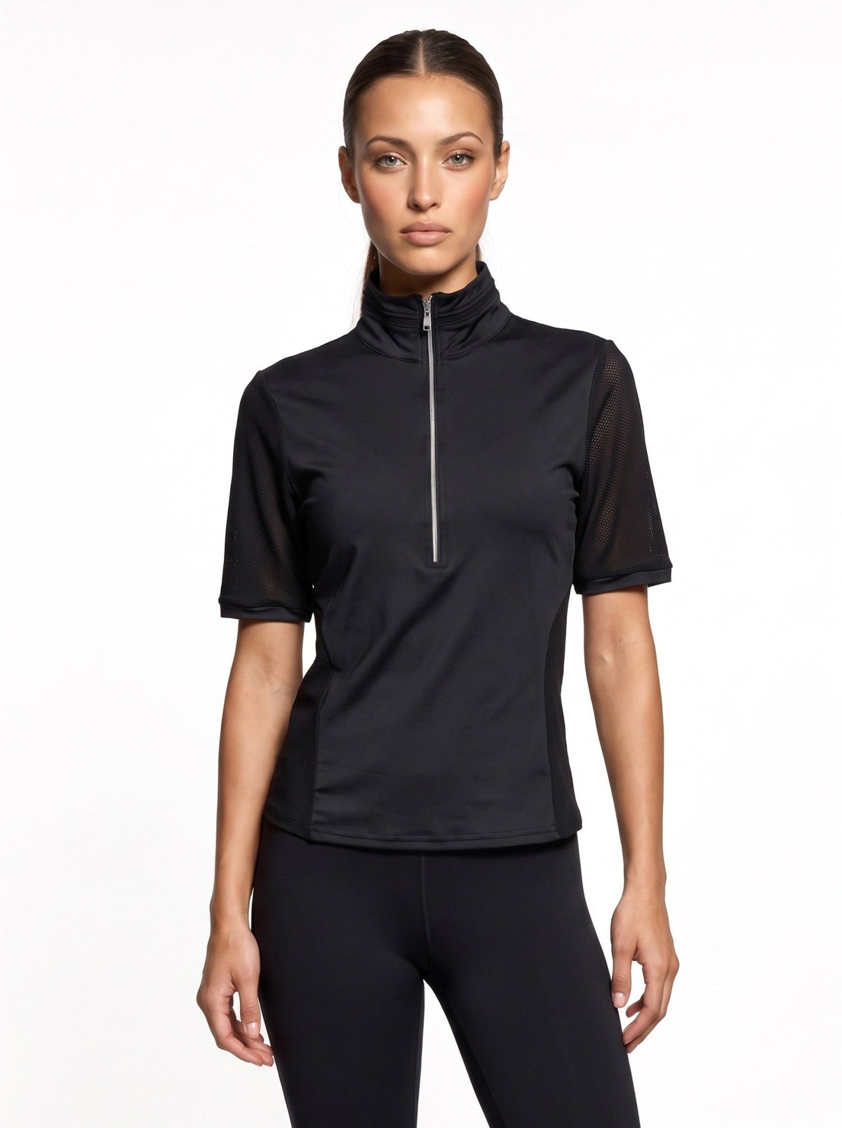 Zoe Performance Golf Polo – Silver Zip & Mesh Detail - inPhorm NYCBlack