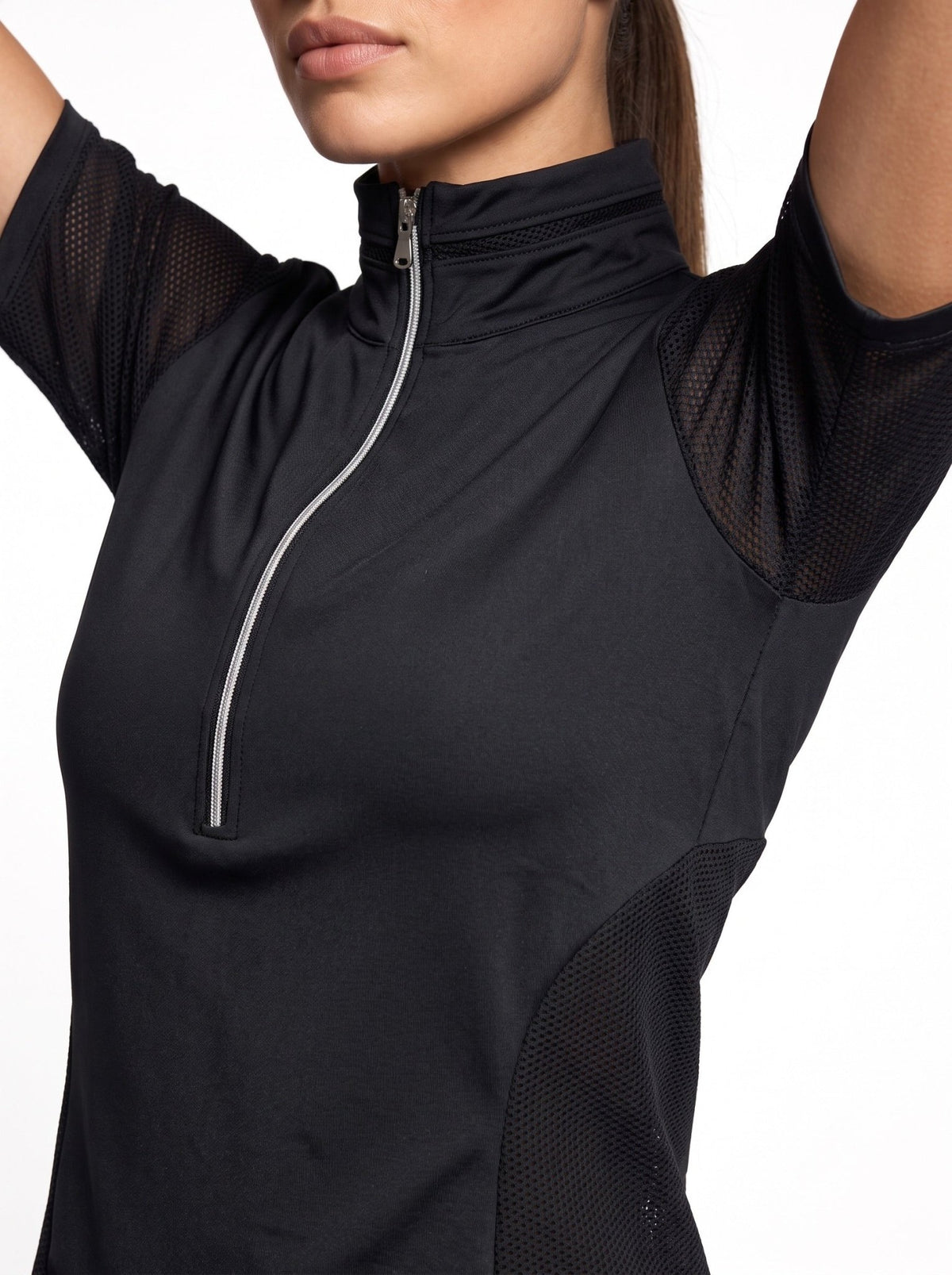 Zoe Performance Golf Polo – Silver Zip & Mesh Detail - inPhorm NYCBlack