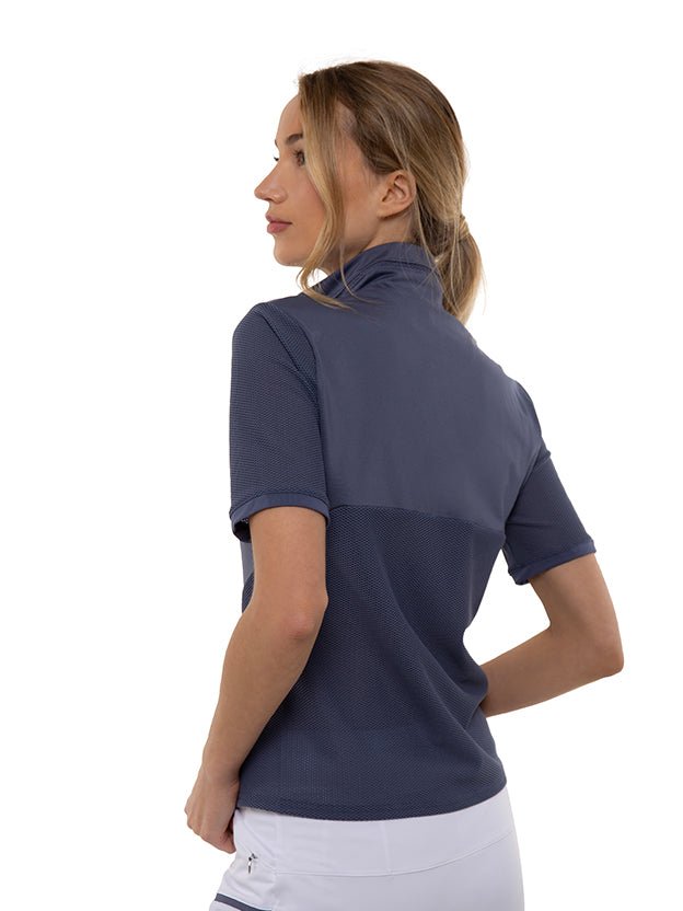 Zoe Performance Golf Polo – Silver Zip & Mesh Detail - inPhorm NYCSHADOW BLUE