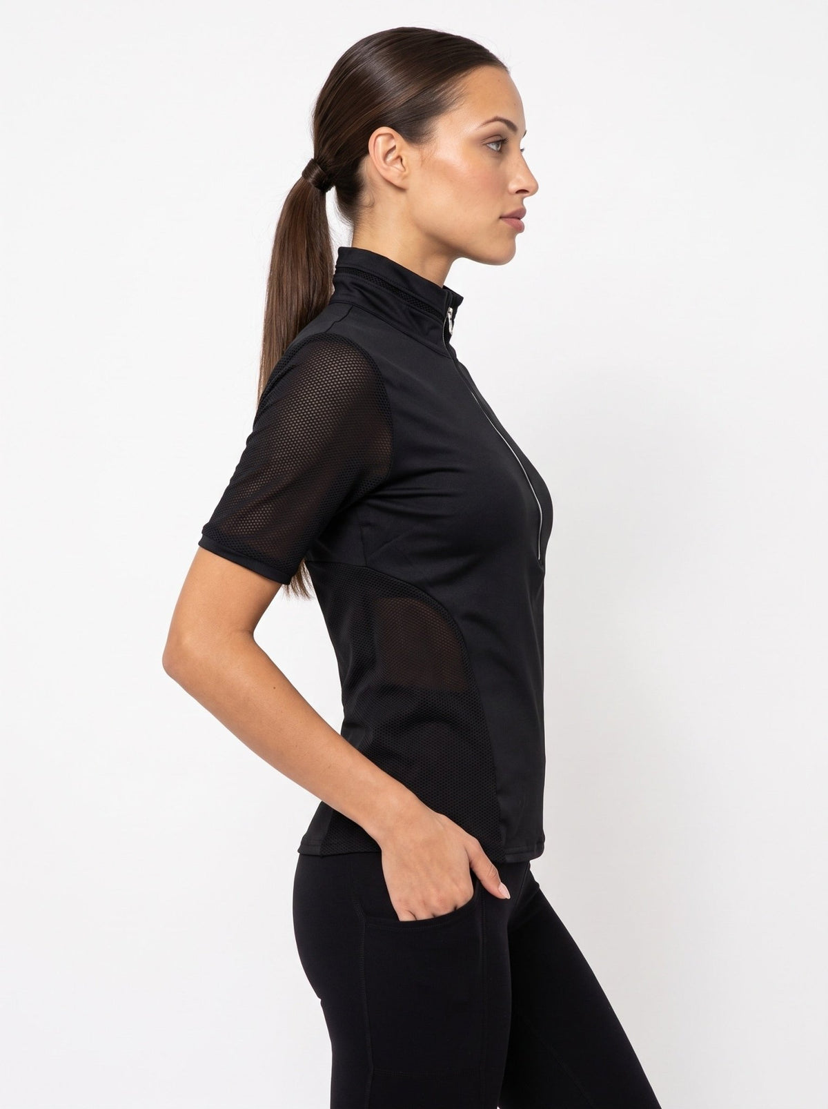 Zoe Performance Golf Polo – Silver Zip & Mesh Detail - inPhorm NYCBlack