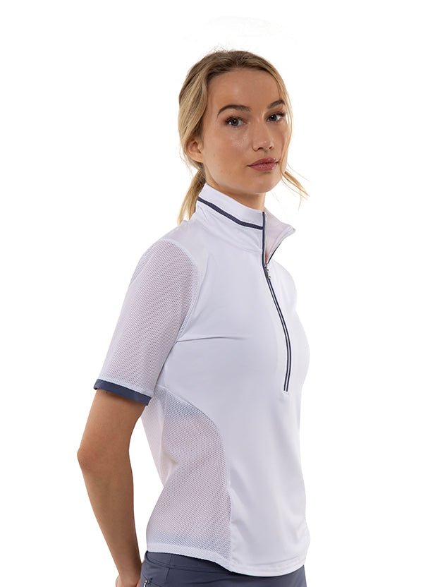 Zoe Performance Golf Polo – Silver Zip & Mesh Detail Tops - inPhorm NYCWHITE/SHADOW BLUE
