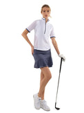 Zoe Performance Golf Polo – Silver Zip & Mesh Detail Tops - inPhorm NYCWHITE/SHADOW BLUE