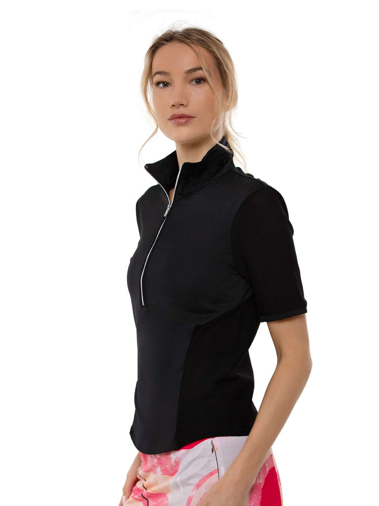 Zoe Performance Golf Polo – Silver Zip & Mesh Detail Tops - inPhorm NYCBlack