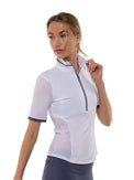 Zoe Performance Golf Polo – Silver Zip & Mesh Detail Tops - inPhorm NYCWHITE/SHADOW BLUE