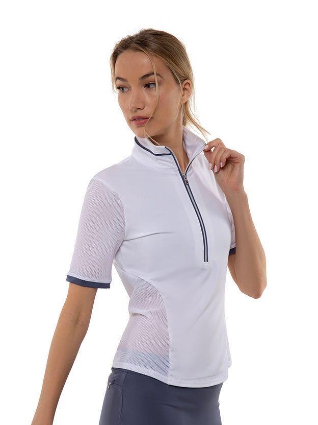Zoe Performance Golf Polo – Silver Zip & Mesh Detail Tops - inPhorm NYCWHITE/SHADOW BLUE