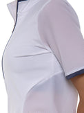 Zoe Performance Golf Polo – Silver Zip & Mesh Detail Tops - inPhorm NYCWHITE/SHADOW BLUE