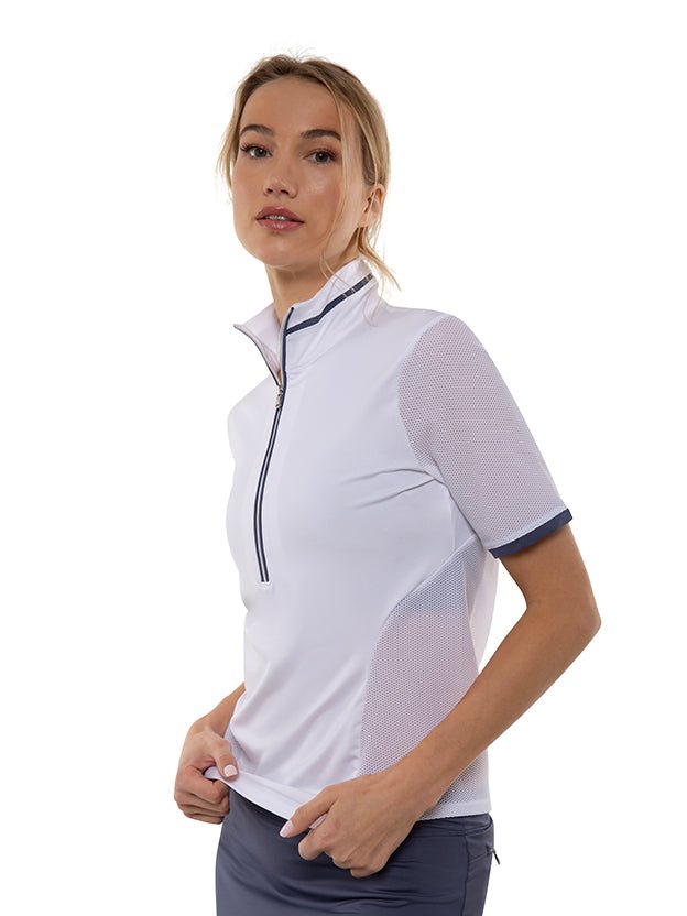 Zoe Performance Golf Polo – Silver Zip & Mesh Detail Tops - inPhorm NYCWHITE/SHADOW BLUE