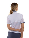 Zoe Performance Golf Polo – Silver Zip & Mesh Detail Tops - inPhorm NYCWHITE/SHADOW BLUE