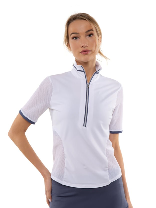 Zoe Performance Golf Polo – Silver Zip & Mesh Detail Tops - inPhorm NYCWHITE/SHADOW BLUE